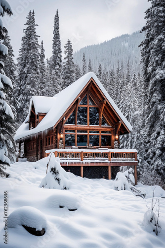 A cabin nestled in the snowy forest, surrounded by trees dusted with snow, creating winter wonderland scene. © Iryna