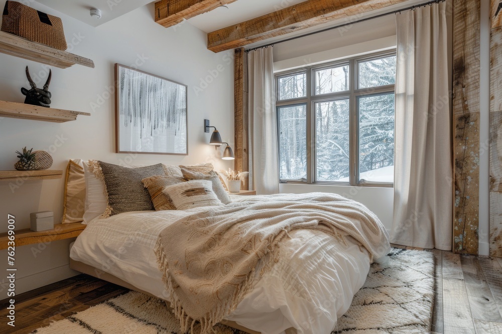 Fototapeta premium Cozy bedroom with plants and morning light. A well-lit, inviting bedroom with wooden furniture, green houseplants, and warm morning sunlight streaming in through the bay windows