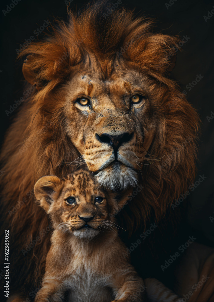 Adult lion portrait with small cub against dark background
