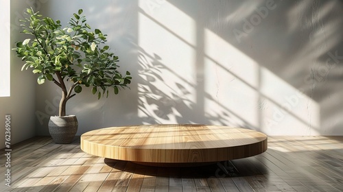 Empty beautiful round wood table top counter on interior in clean and bright with shadow background