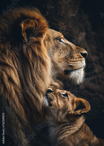 Adult lion portrait with small cub against dark background 