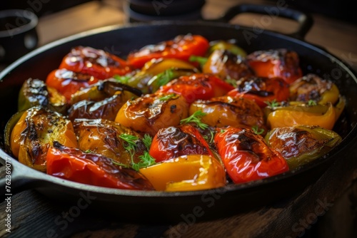 Charred Roasted peppers in pan. Healthy tasty grilled vegetables in frying pan. Generate ai