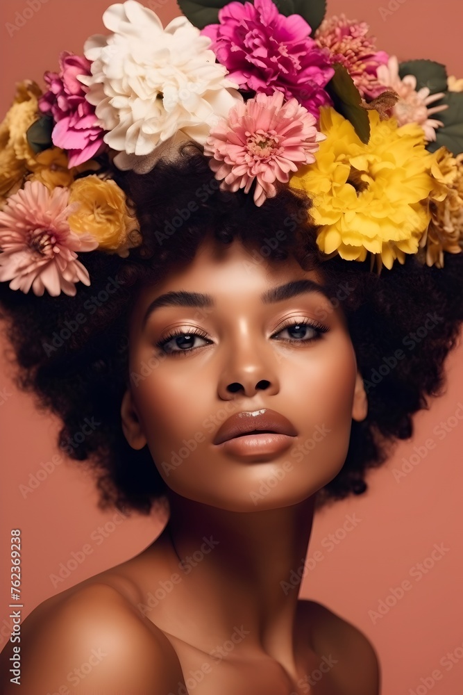 Naklejka premium Beautiful woman with an afro hairstyle, adorned with a vibrant array of flowers, adding a touch of natural beauty and elegance to her look. Concept: connection with nature, femininity.