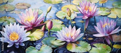 A beautiful painting capturing the serene essence of water lilies and lily pads in a tranquil pond  showcasing the beauty of aquatic plants