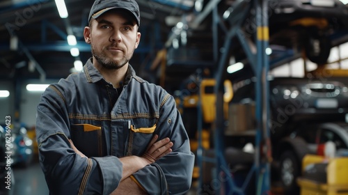Male auto technician standing with arms crossed in car repair workshop, ready to serve customer