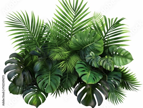 A lush arrangement of assorted tropical foliage with vibrant green hues  suitable for botanical concepts.