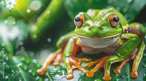 Red-eyed tree frog on leaves, close-up © SAHURI