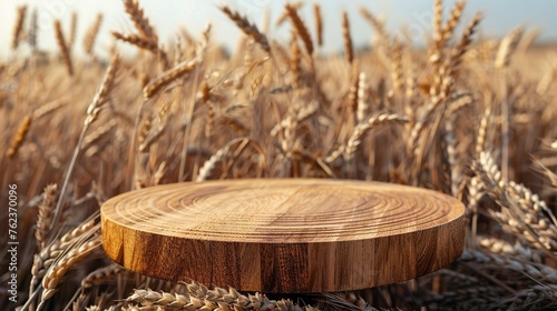 Empty wooden podium on table over wheat field background.