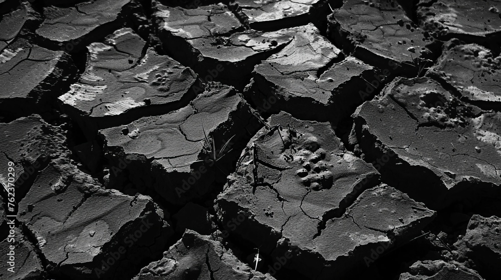 Cracked black surface of fertile soil in severe drought in a lean year, background with selective focus - obrazy, fototapety, plakaty 
