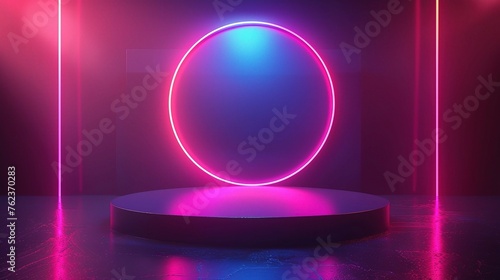 Futuristic neon podium scene template for product presentation with abstract geometric backdrop