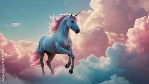 A white unicorn with candy cotton pink hair riding on pink clouds © ceng
