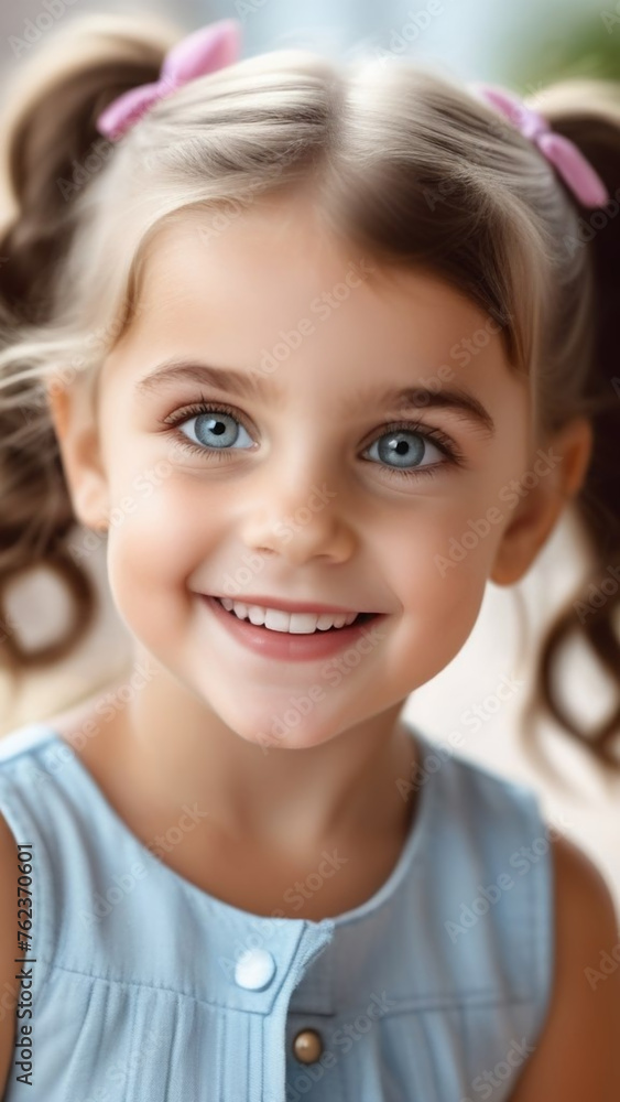 Happy smiling charming girl with a hairstyle in two ponytails. Portrait of a happy child. A look at her face fills my heart with warmth and joy. Happy smiling charming girl with a hairstyle in two ponytails. Portrait of a happy child. A look at her face fills my heart with warmth and joy.