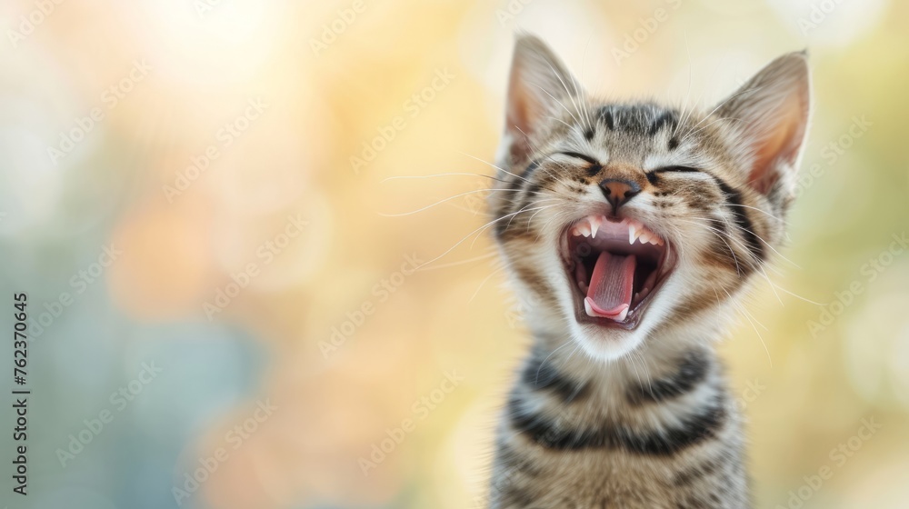 Fototapeta premium Happy funny excited little kitty with wide open mouth on bright background