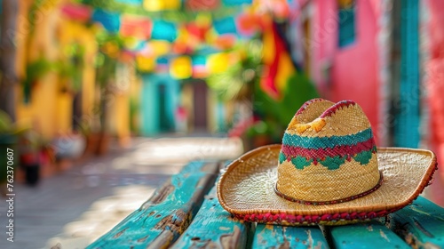 Mexican wicker hat on a bench, background festively decorated street, for cinco de mayo, poster, copy space © Dmitriy