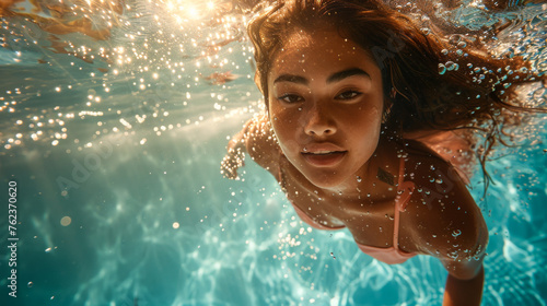 Close-up of a girl swimming underwater with sunbeams © Paula