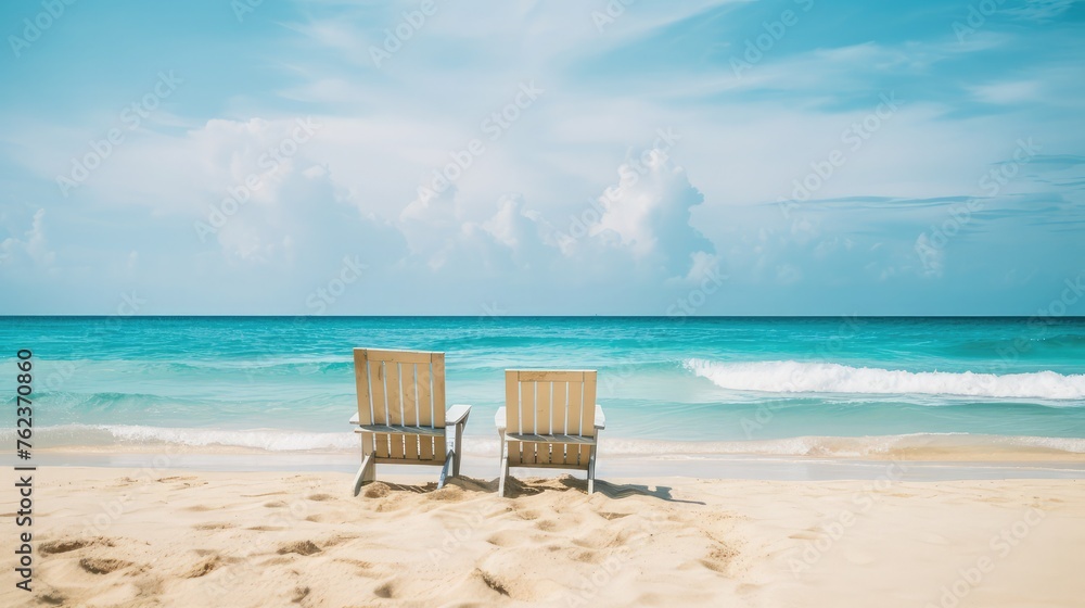 Beautiful beach. Chairs along the sandy beach near the water. Summer holiday and vacation concept for tourism. Inspirational tropical landscape. - obrazy, fototapety, plakaty 