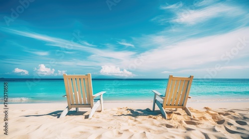 Beautiful beach. Chairs along the sandy beach near the water. Summer holiday and vacation concept for tourism. Inspirational tropical landscape. © sami