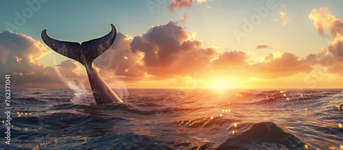 Seascape with whale tail dripping with water on the surface of the sea or ocean, banner with copy space 