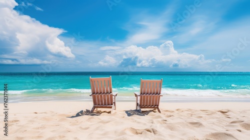 Beautiful beach. Chairs along the sandy beach near the water. Summer holiday and vacation concept for tourism. Inspirational tropical landscape. © sami
