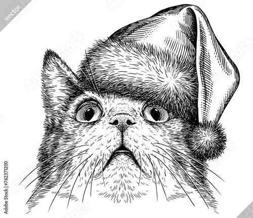 Vintage engraving isolated cat set dressed christmas illustration kitty ink santa costume sketch. Pet background kitten silhouette whisker new year hat art. Black and white hand drawn vector image