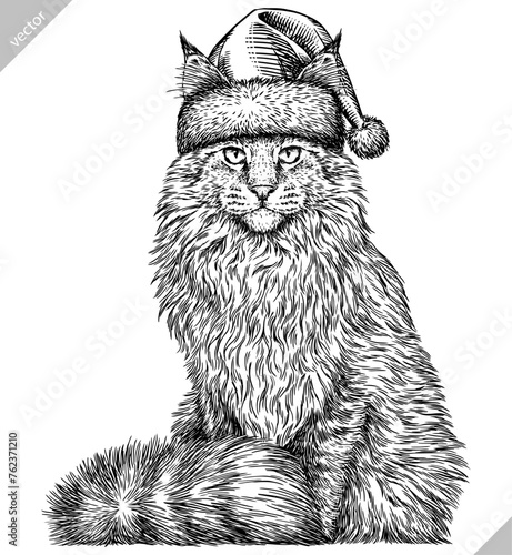 Vintage engraving isolated cat set dressed christmas illustration kitty ink santa costume sketch. Pet background kitten silhouette whisker new year hat art. Black and white hand drawn vector image