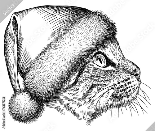 Vintage engraving isolated cat set dressed christmas illustration kitty ink santa costume sketch. Pet background kitten silhouette whisker new year hat art. Black and white hand drawn vector image
