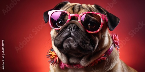 Stylish Pug Dog Wearing Pink Sunglasses and Flower Collar Generative AI © Johnathan