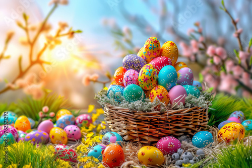 Easter Bunny Decorated Eggs Adorable Rabbit Spring Color Copy Space © mexitographer