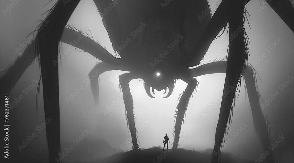 Silhouette of a person facing a giant spider in a misty, surreal ...