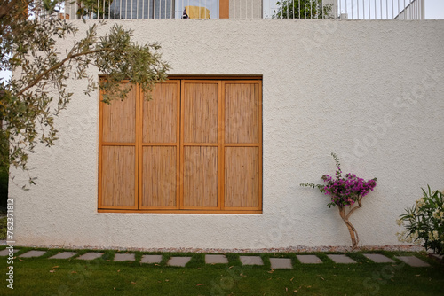 Plant placed on set of outdoor wooden window. Plant has purple flowers and set against cement wall