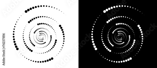Modern abstract background. Halftone dots in spiral. Round logo, design element or icon. A black figure on a white background and an equally white figure on the black side.
