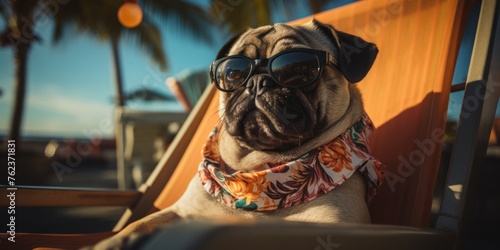 Pug Dog Wearing Sunglasses Sitting in Chair Generative AI