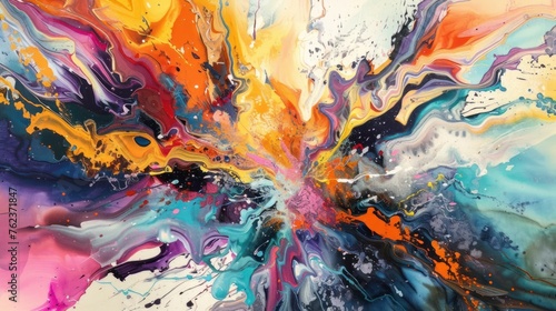 Abstract, colorful composition with oil, water and ink