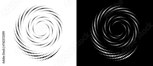 Modern abstract background. Halftone dots in spiral. Round logo  design element or icon. A black figure on a white background and an equally white figure on the black side.