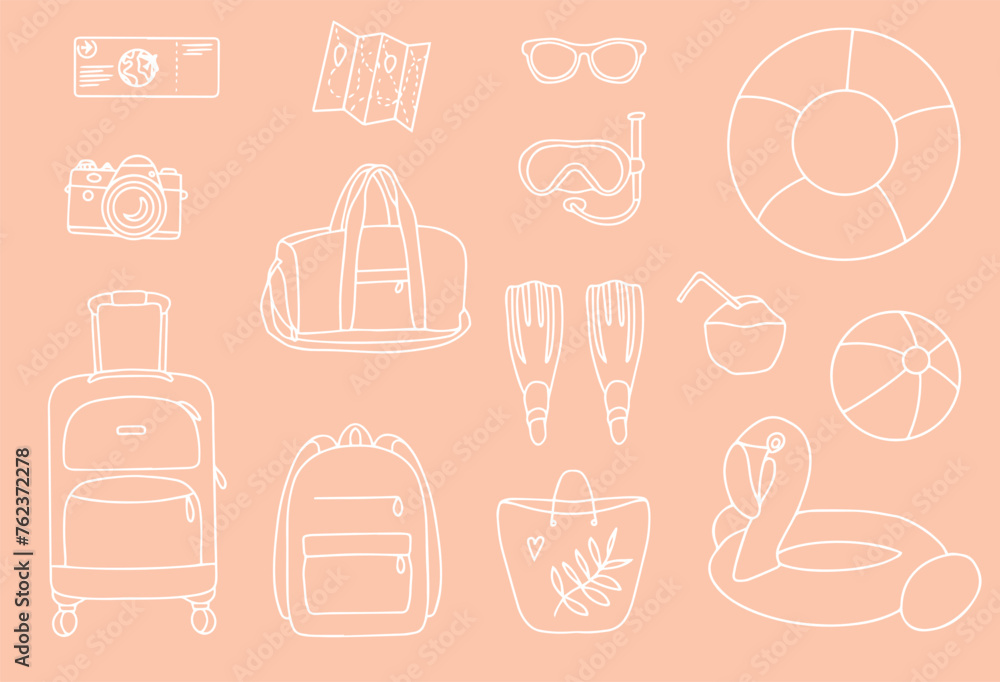 Hand drawn set of summer vacation elements, luggage and bathing accessories. Travel element drawn in doodle style. Illustration for banner, background, badge, logo design. Vector Hand drawn set of summer vacation elements, luggage and bathing accessories. Travel element drawn in doodle style. Illustration for banner, background, badge, logo design. Vector