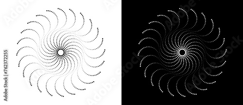 Fototapeta Naklejka Na Ścianę i Meble -  Modern abstract background. Halftone dots in circle form. Round logo. Vector dotted frame. Design element or icon. Black shape on a white background and the same white shape on the black side.