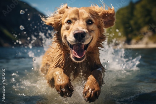 Golden Retriever Running Joyfully Through Water Generative AI © j@supervideoshop.com
