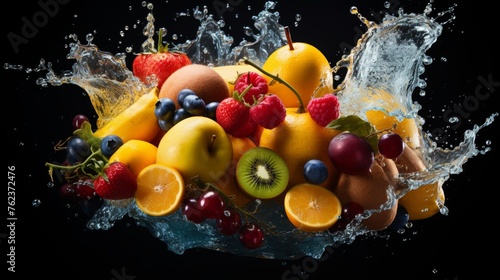 Vibrant pop art splash fruits in water, orange, strawberry, kiwi, innovative food concept, banner