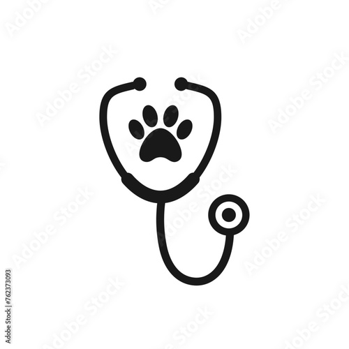 Stethoscope with animal paw print symbol. Veterinary medicine logo, vector illustration.