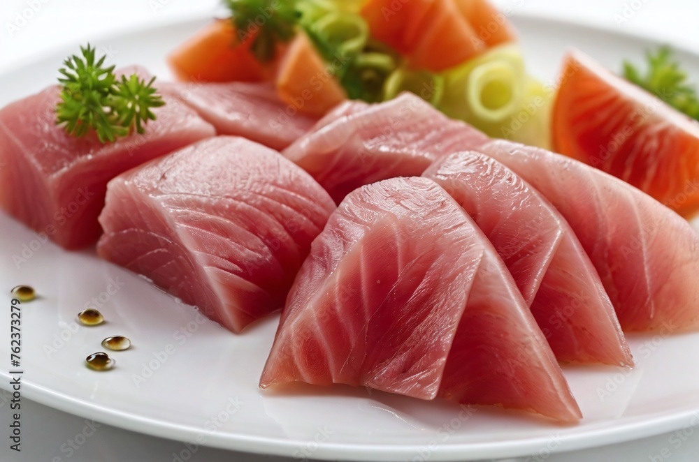 Fresh tuna slice with side garnish isolated on a white background Fresh tuna slice with side garnish isolated on a white background