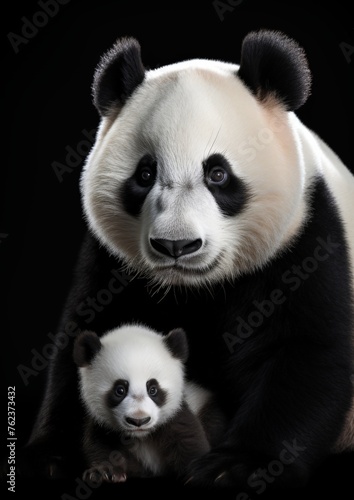 Adult panda bear portrait with small cub against dark background 