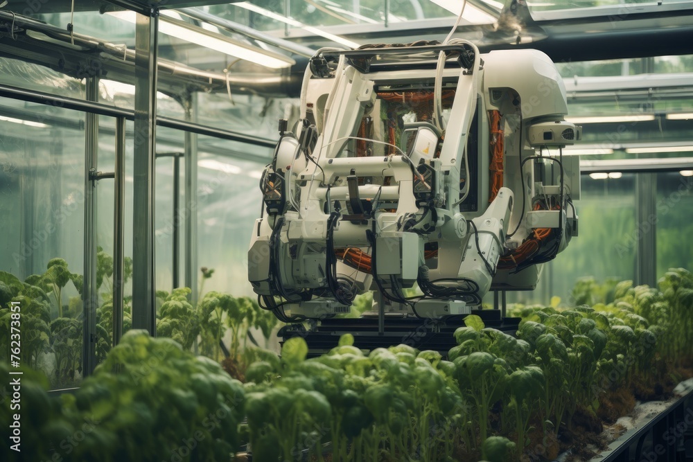 Innovative Robot greenhouse. Farm plant field. Generate Ai