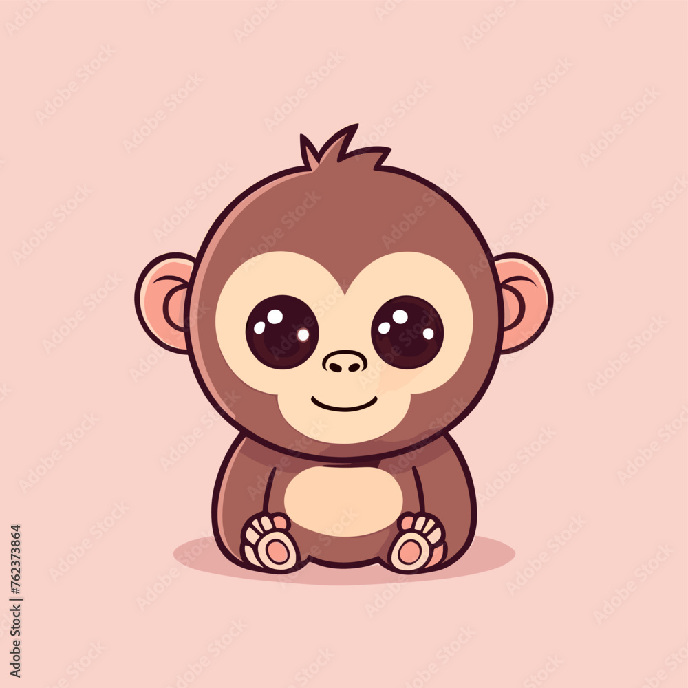 Cute Kawaii Monkey Vector Clipart Icon Cartoon Character Icon on a Pale Pink Background