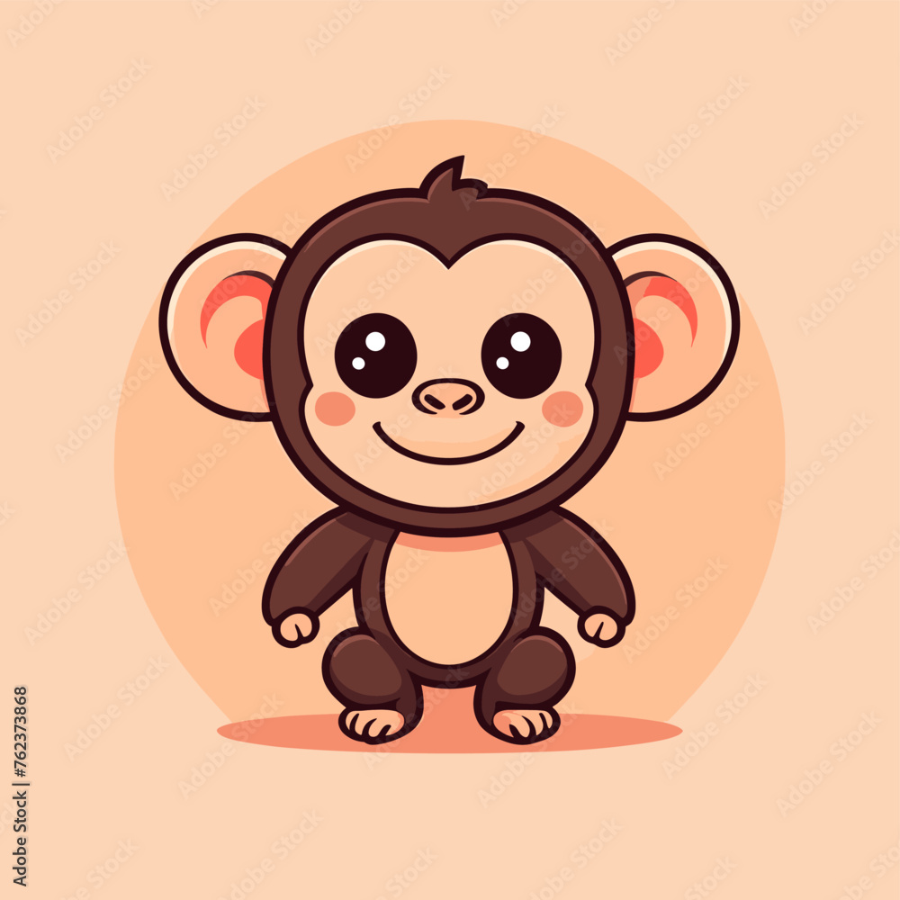 Cute Kawaii Monkey Vector Clipart Icon Cartoon Character Icon on a Peach Background