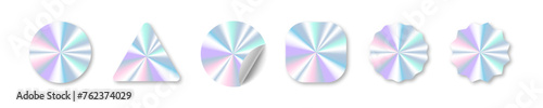 Set of holographic stickers. Hologram labels of different shapes. Iridescent holographic tags and badge collection. Vector illustration