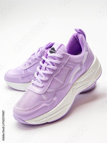 Pair of lilac sneakers on white background.