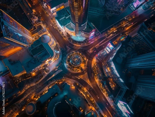 A bustling city intersection glows at night with vivid lights and dynamic traffic patterns captured from above.