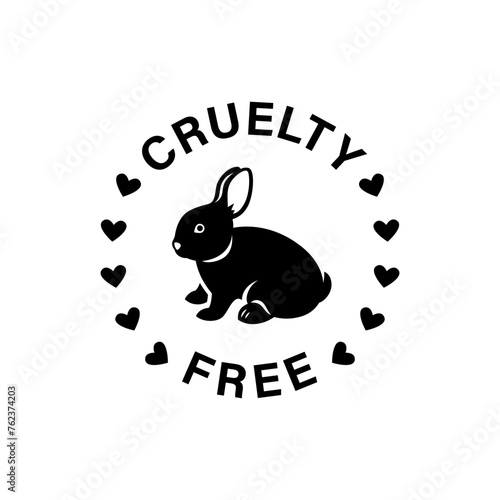 Cruelty free icon. Not tested on animals logo sticker for animal friendly product packaging. Cute little rabbit with text in circle. Vegan eco cosmetics ingredients list. Black and white illustration (ID: 762374203)