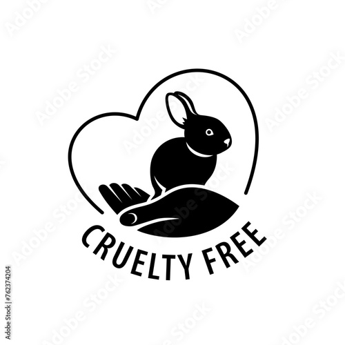 Cruelty free icon. Not tested on animals logo sticker for animal friendly product packaging. Cute little rabbit with text in circle. Vegan eco cosmetics ingredients list. Black and white illustration (ID: 762374204)