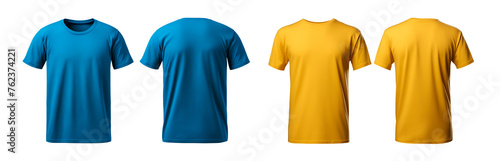 Set of blank blue and yellow t-shirts isolated on transparent background. Mockup t shirt template. Front and back.
